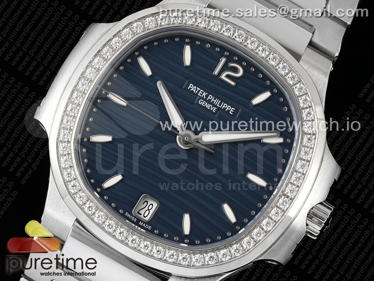 Nautilus 7118 Ladies SS PPF 1:1 Best Edition Blue Dial Diamonds Bezel on SS Bracelet 324CS
