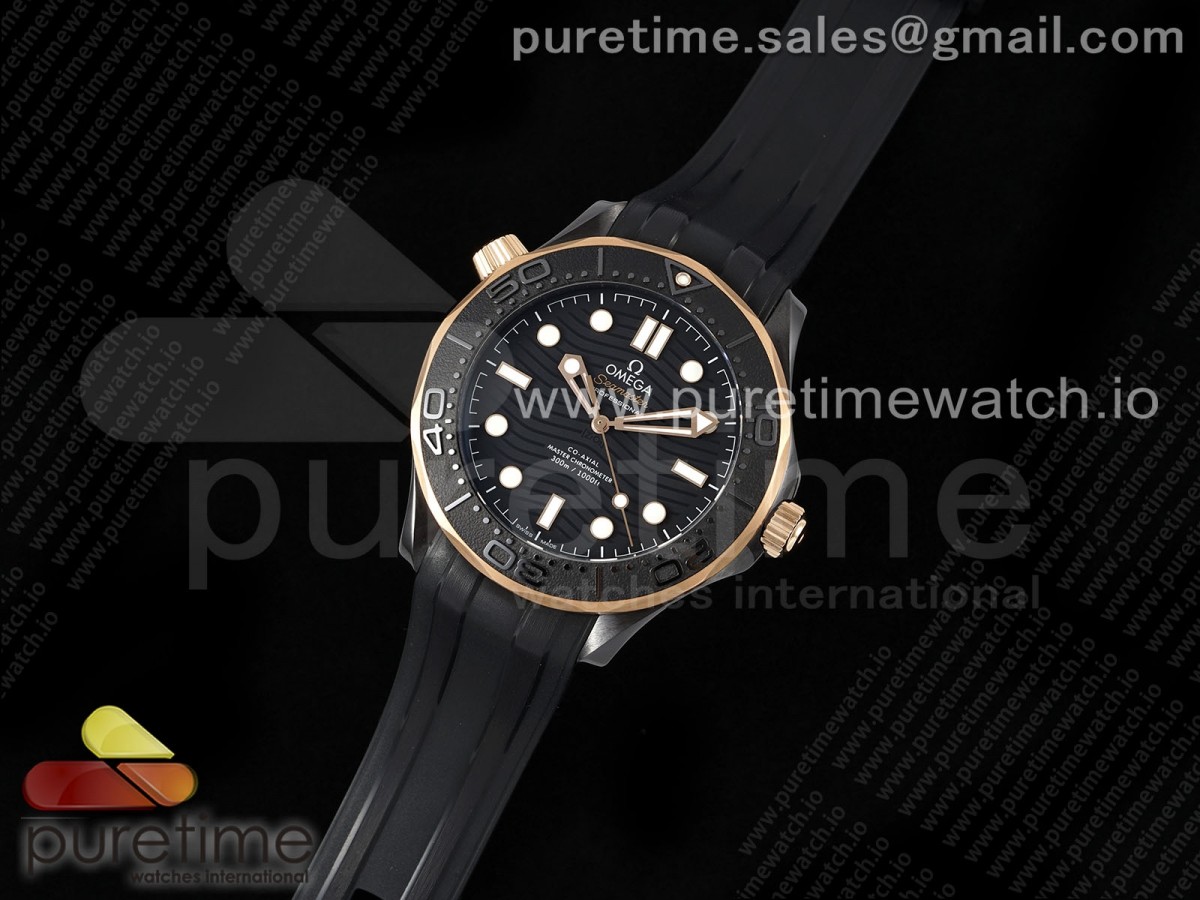Seamaster 300m 43.5mm Black Ceramic VSF 1:1 Best Edition Black Dial RG Bezel on Black Rubber Strap A8806 - Image 13