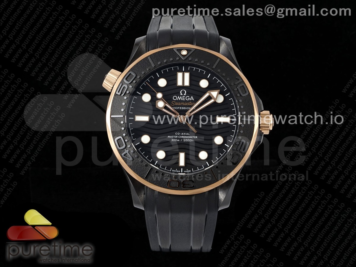 Seamaster 300m 43.5mm Black Ceramic VSF 1:1 Best Edition Black Dial RG Bezel on Black Rubber Strap A8806 - Image 9