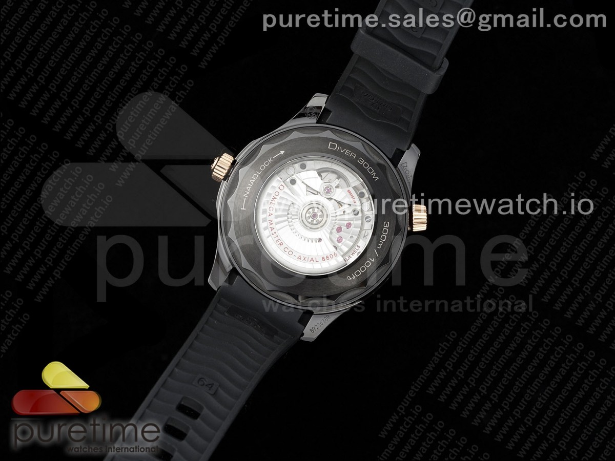 Seamaster 300m 43.5mm Black Ceramic VSF 1:1 Best Edition Black Dial RG Bezel on Black Rubber Strap A8806 - Image 6