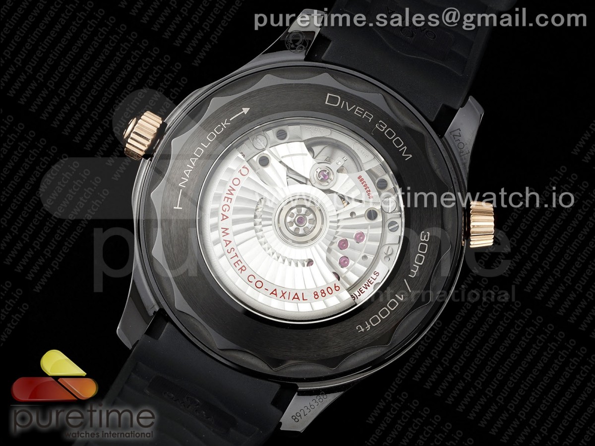 Seamaster 300m 43.5mm Black Ceramic VSF 1:1 Best Edition Black Dial RG Bezel on Black Rubber Strap A8806 - Image 4