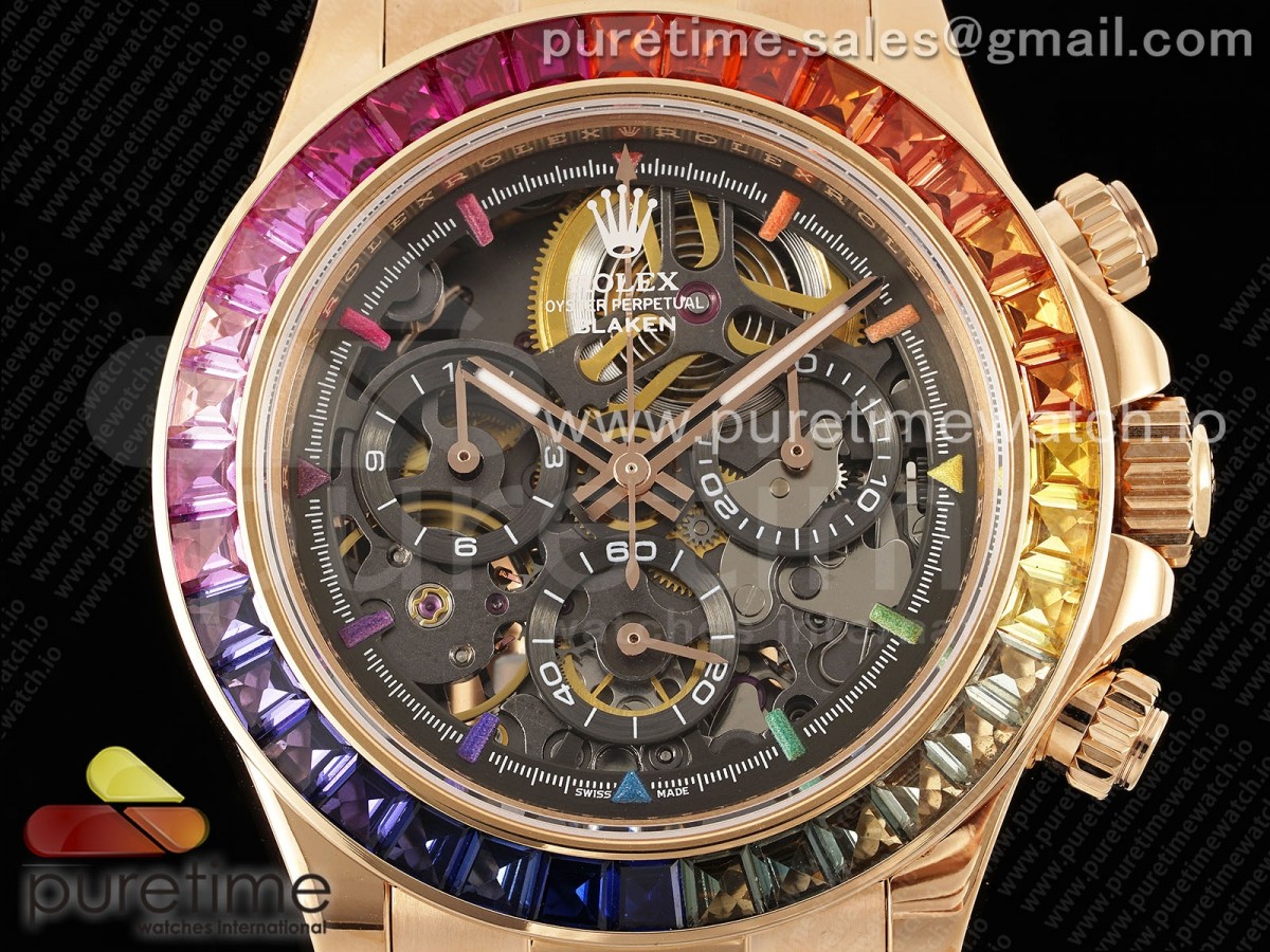 Blaken Daytona RG Rainbow Bezel GETF Cadran Skeleton Candy sur la sangle en caoutchouc noir SA4130 – Image 8