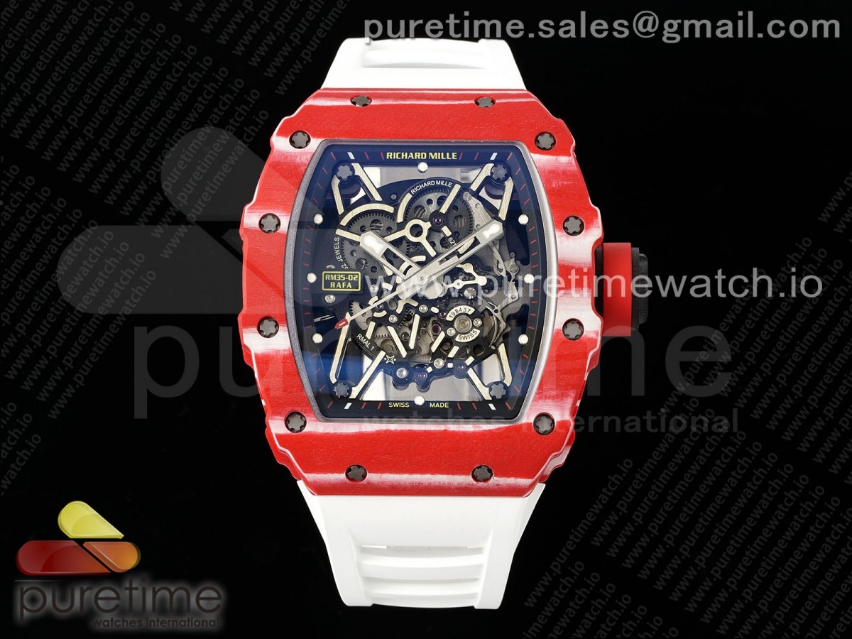 RM035-02 Red Carbon ZF 1:1 Best Edition Skeleton Dial on White Rubber Strap NH05A V3+ - Image 9