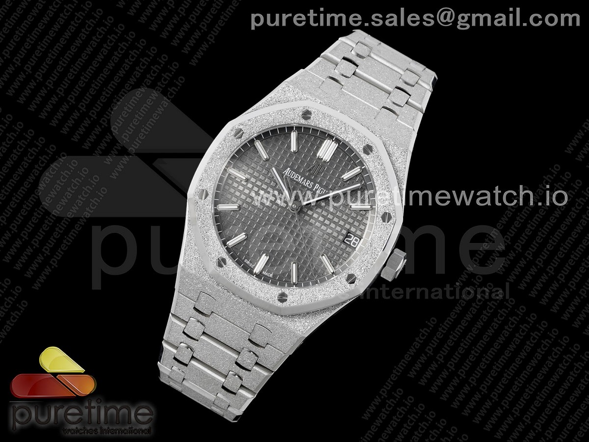 Royal Oak 41mm 15500 Esfera de textura gris de SS APSF congelado en pulsera SS SA4302