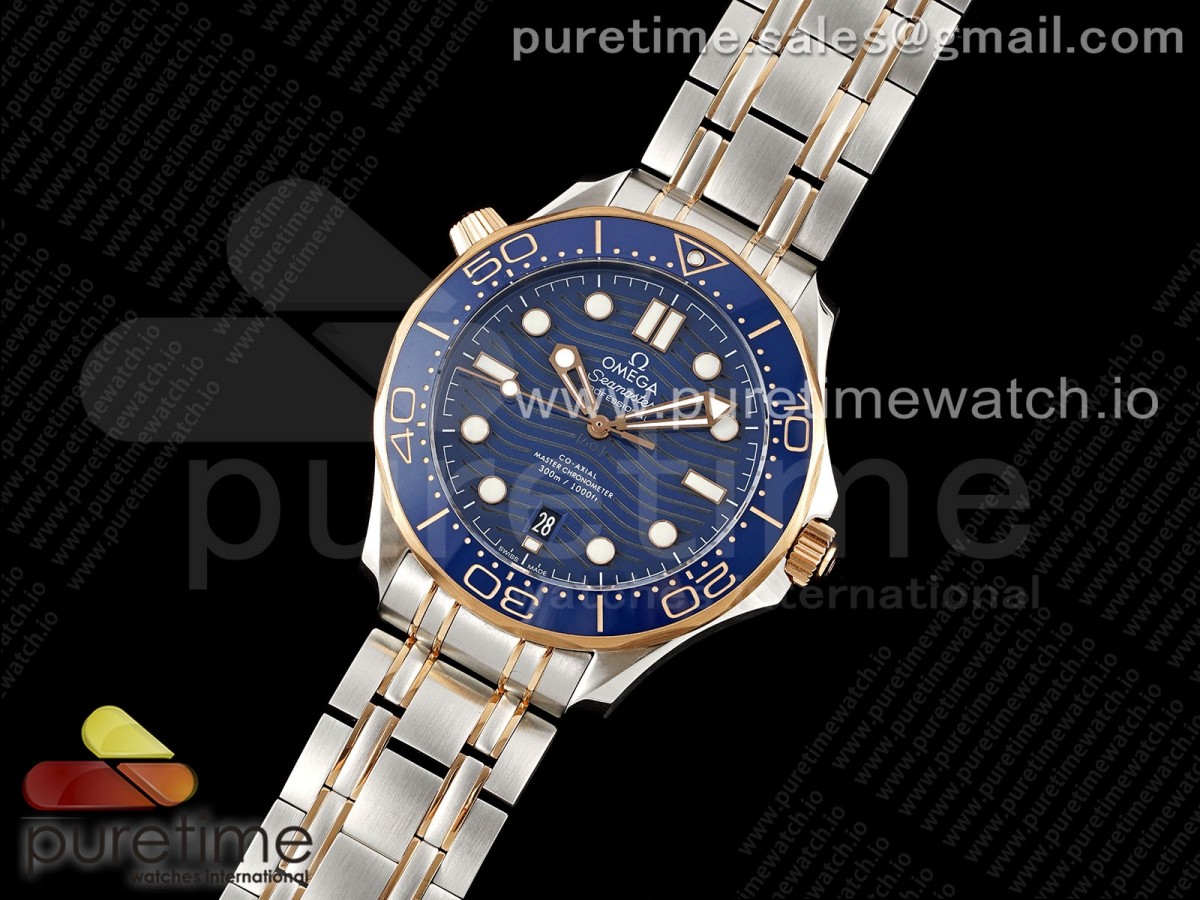 Seamaster Diver 300M SS/RG Blue Ceramic Bezel JVSF Blue Dial on SS/RG Bracelet A2824