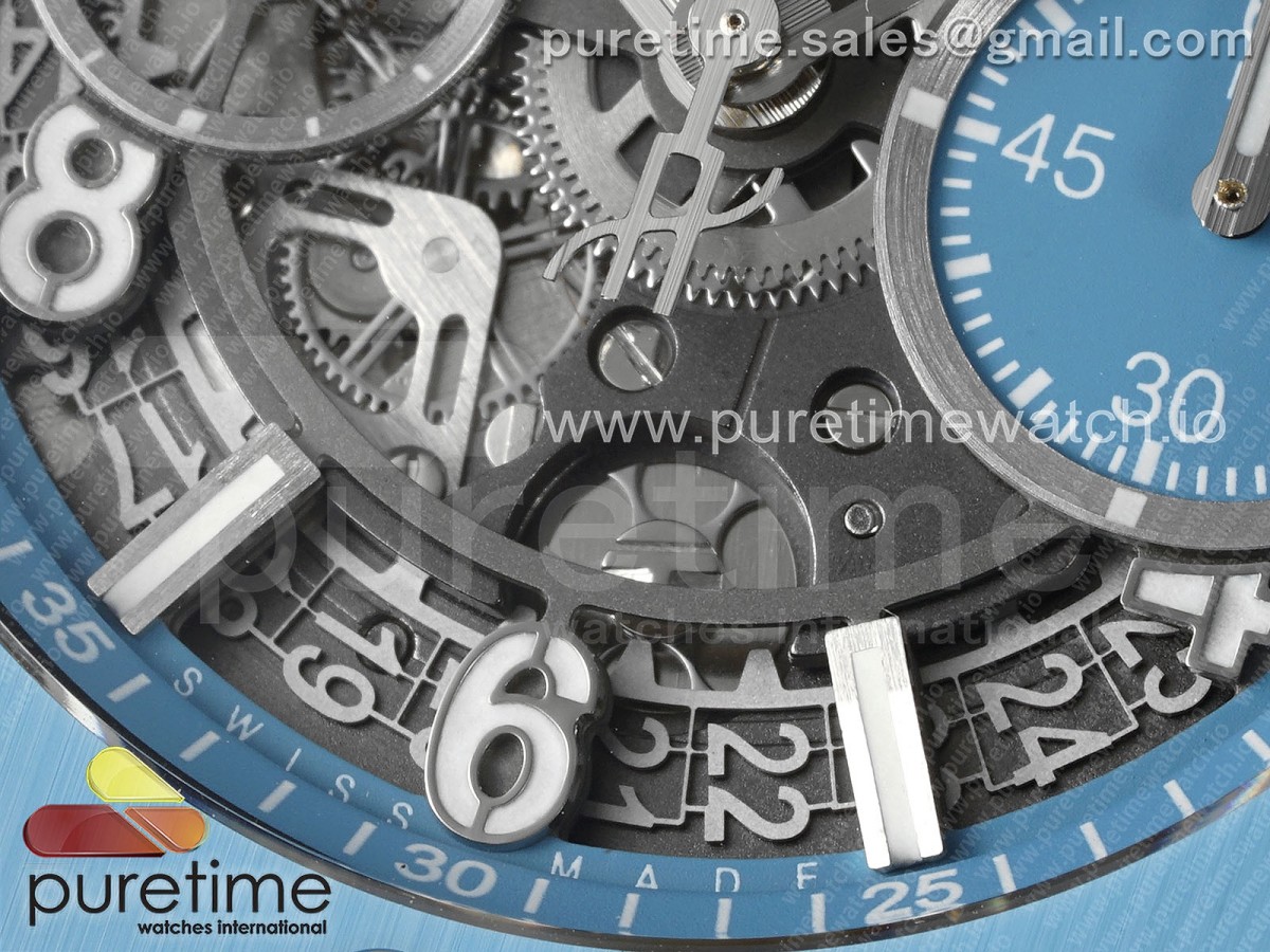 Big Bang Unico Sky Blue Ceramic BBF Skeleton Dial on Blue/White Rubber Strap A1280