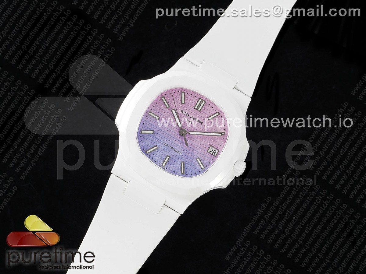 AET Nautilus 5711 White Ceramic AMGF Purple/Pink Dial on White Rubber Strap MIYOTA 9015