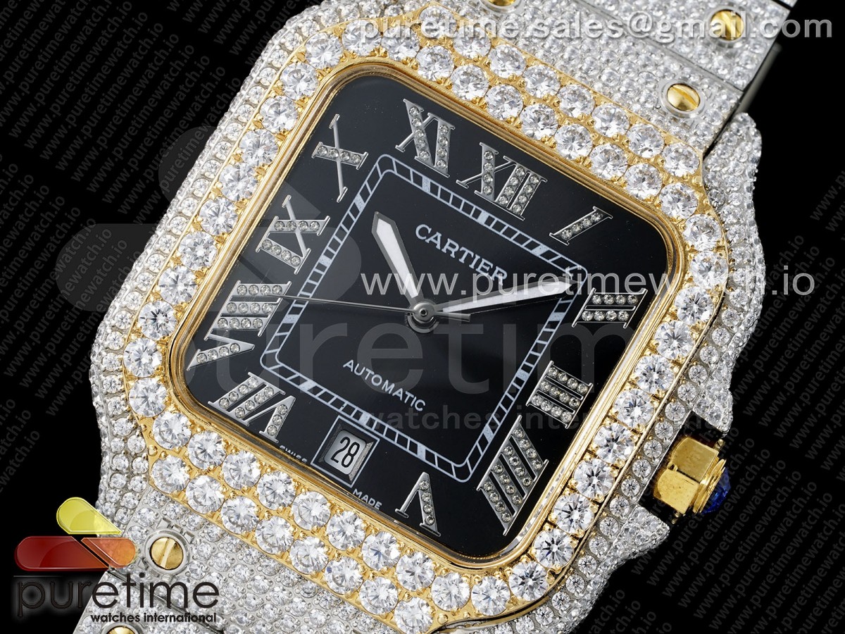 Santos 40mm Full Diamonds SS/YG TWF Black Roman Dial on Bracelet MIYOTA 9015