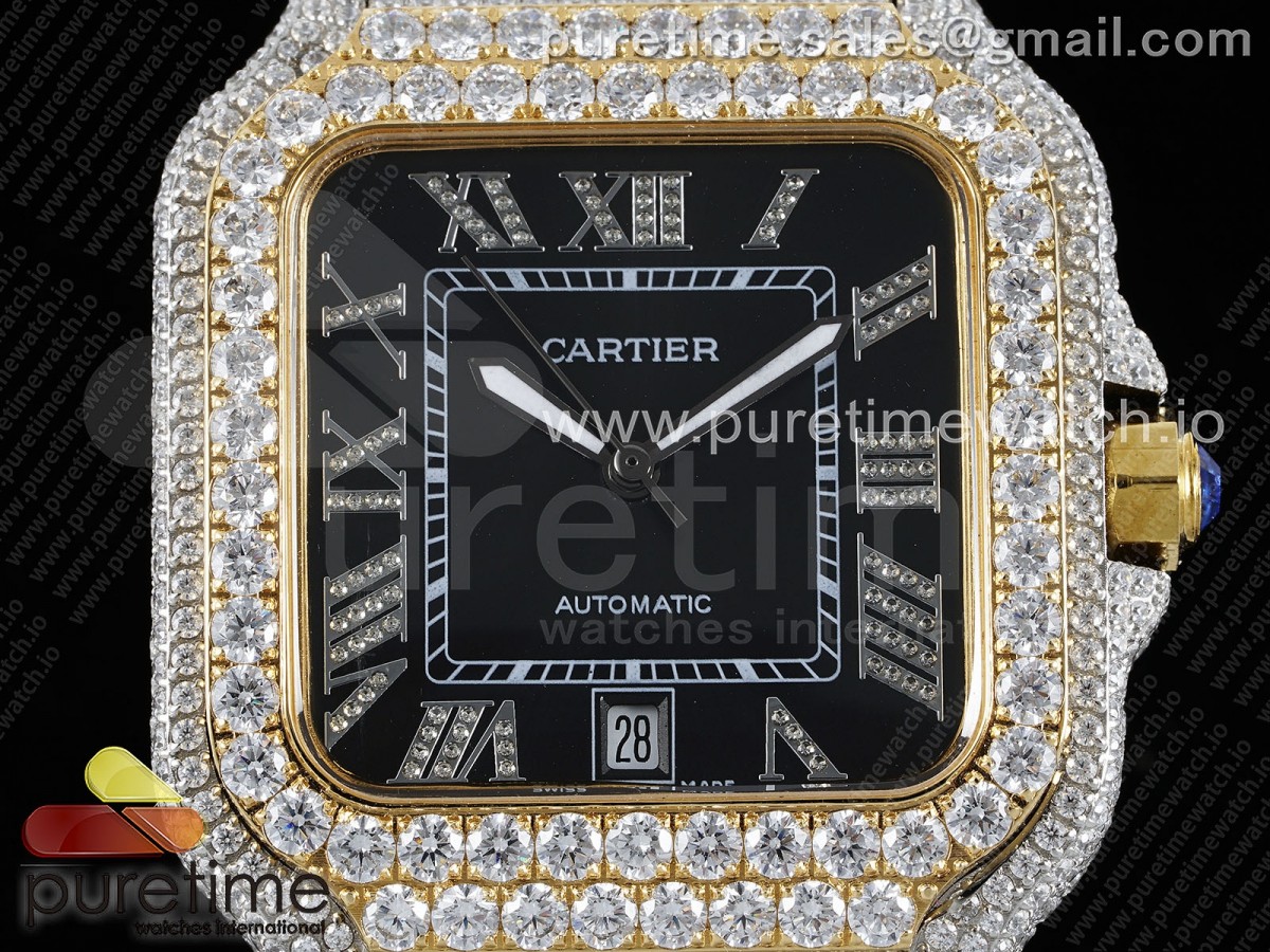 Santos 40mm Full Diamonds SS/YG TWF Black Roman Dial on Bracelet MIYOTA 9015