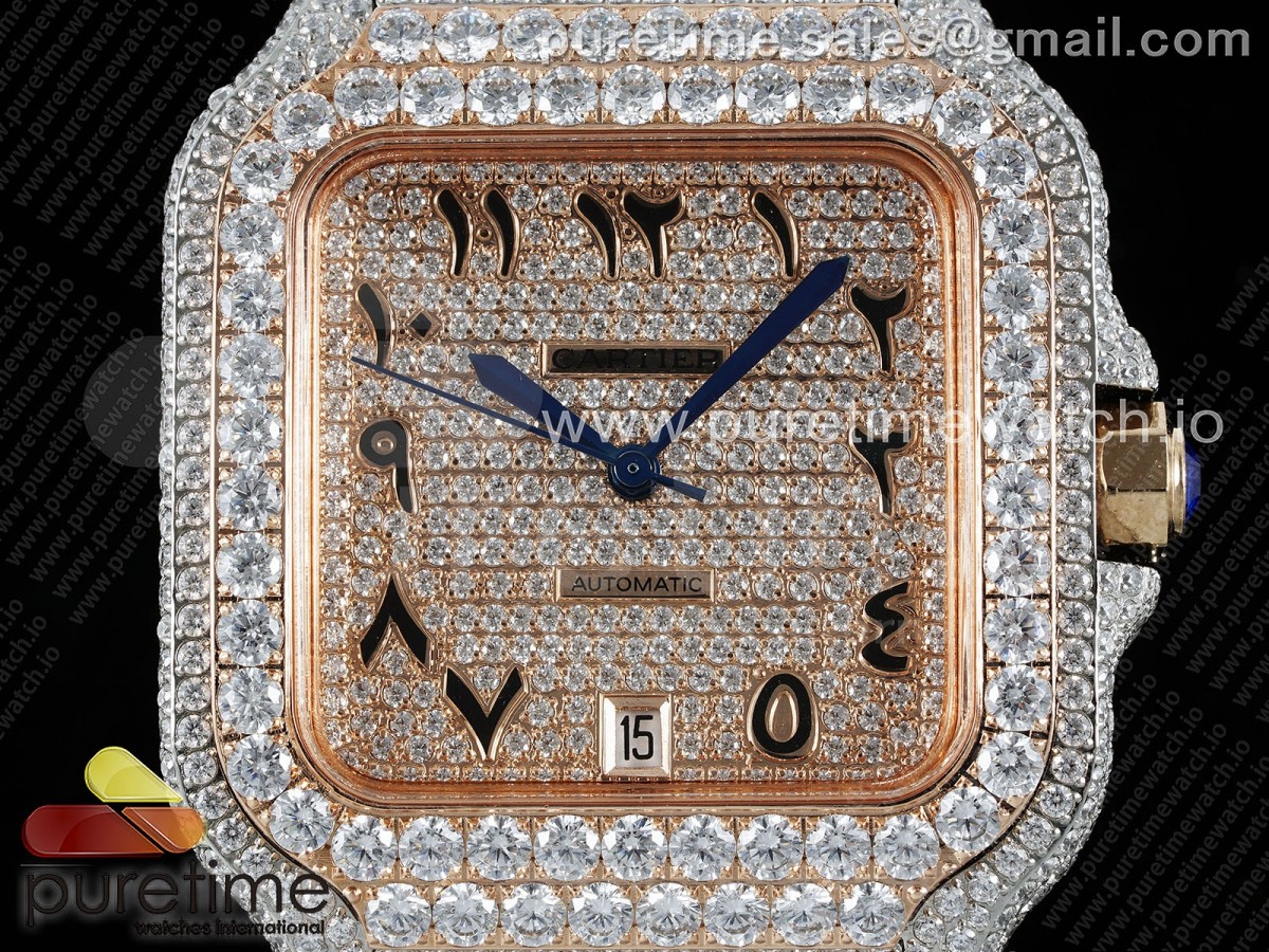 Santos 40mm Full Diamonds SS/RG TWF RG Diamonds Arabic Dial on Bracelet MIYOTA 9015