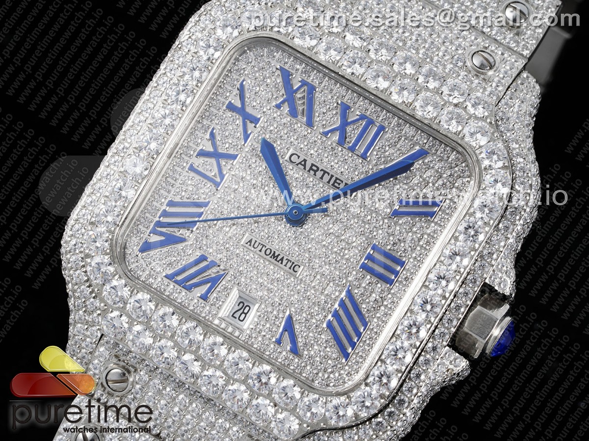 Santos 40mm Full Diamonds SS TWF Diamonds Blue Roman Dial on Bracelet MIYOTA 8215