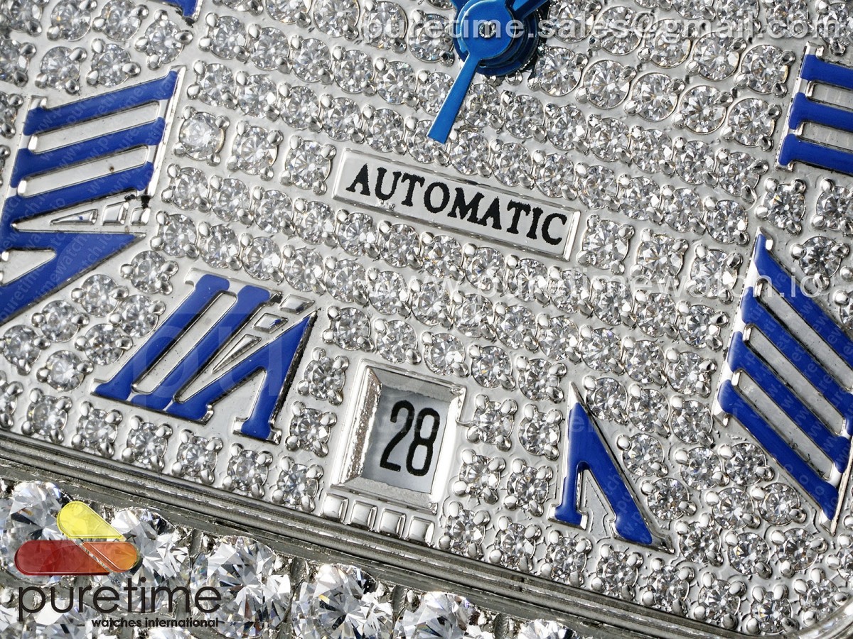 Santos 40mm Full Diamonds SS TWF Diamonds Blue Roman Dial on Bracelet MIYOTA 8215