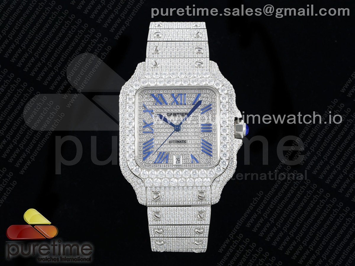 Santos 40mm Full Diamonds SS TWF Diamonds Blue Roman Dial on Bracelet MIYOTA 8215