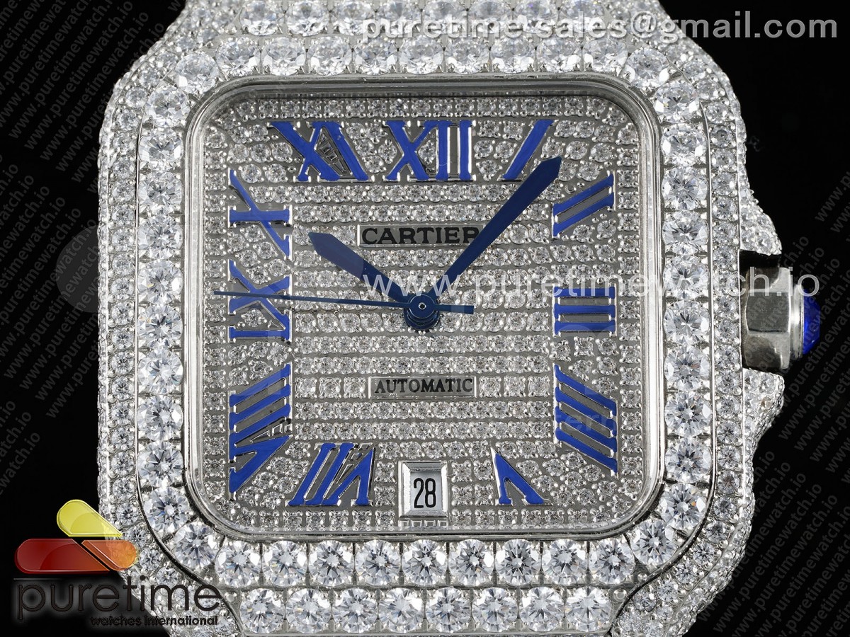 Santos 40mm Full Diamonds SS TWF Diamonds Blue Roman Dial on Bracelet MIYOTA 8215