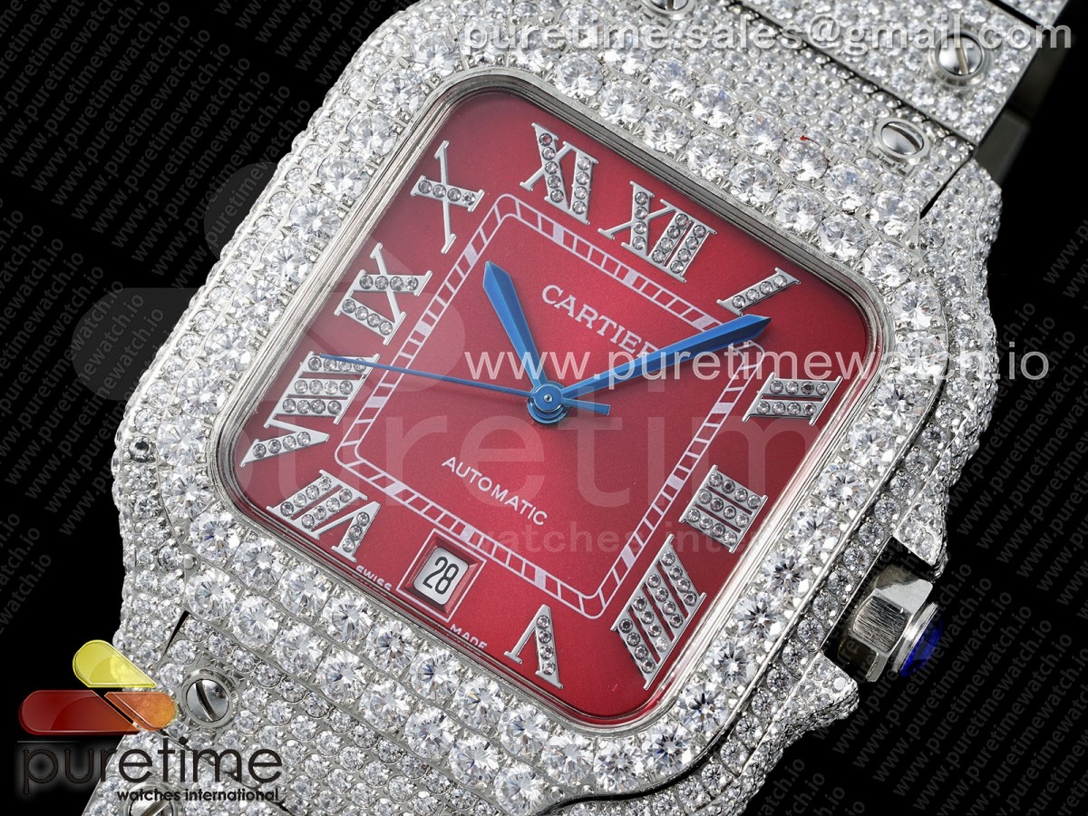 Santos 40mm Full Diamonds SS TWF Red Roman Dial on Bracelet MIYOTA 8215