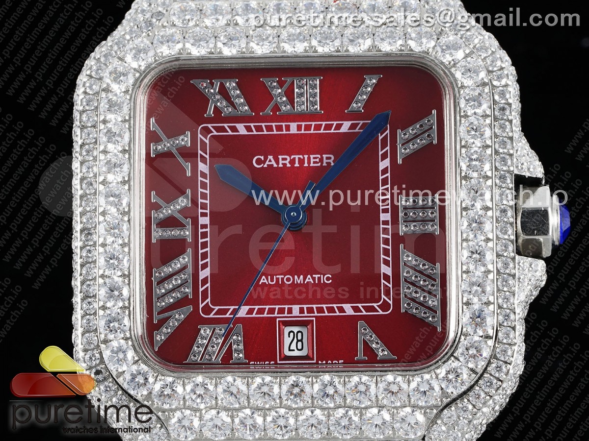 Santos 40mm Full Diamonds SS TWF Red Roman Dial on Bracelet MIYOTA 8215