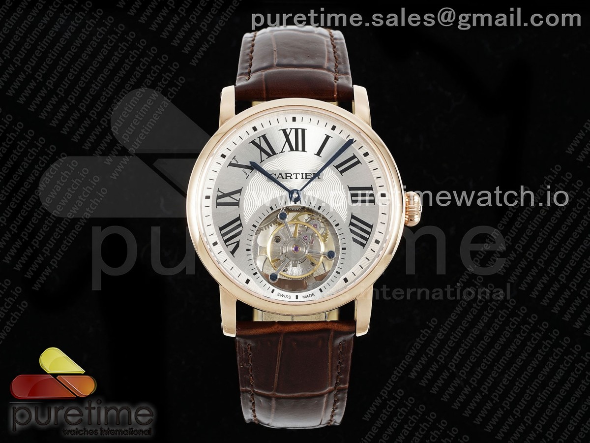Rotonde de Cartier Flying Tourbillon RG RMS Silver Dial on Brown Leather Strap