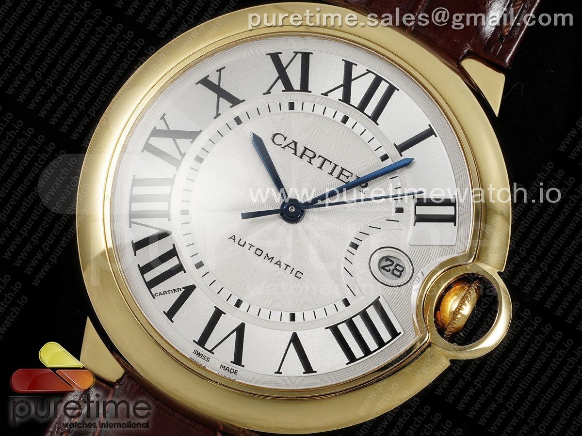Ballon Bleu 42mm YG AF White Texture Dial on Brown Leather Strap A2824 V5