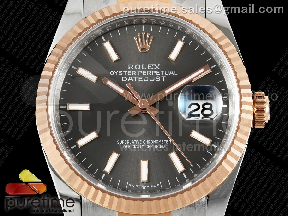 DateJust 36 126231 EWEF Gray Stick Dial on SS/RG Oyster Bracelet A3235