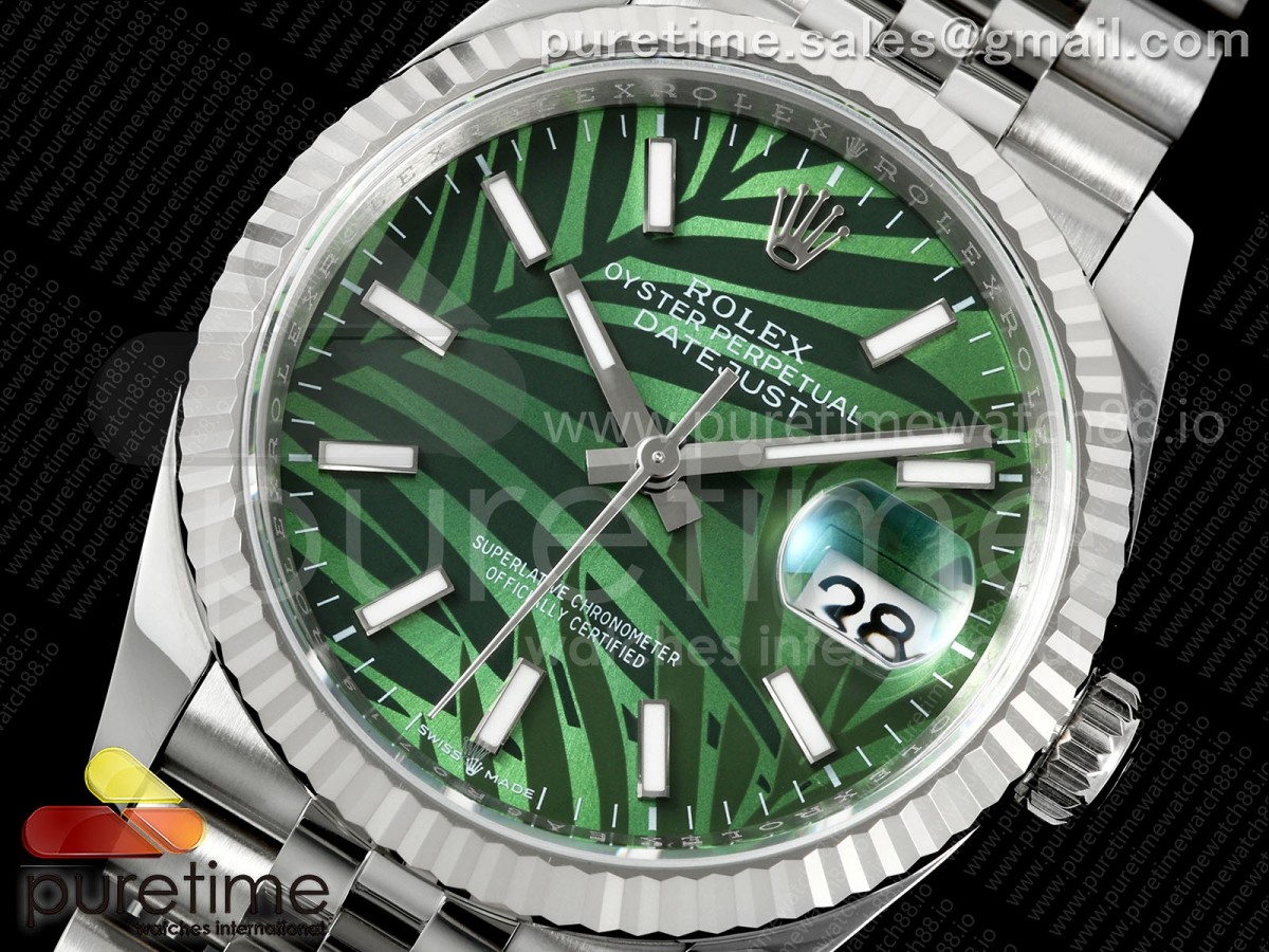 DateJust 36 126234 EWEF Green Leaves Stick Dial on SS Jubilee Bracelet A3235