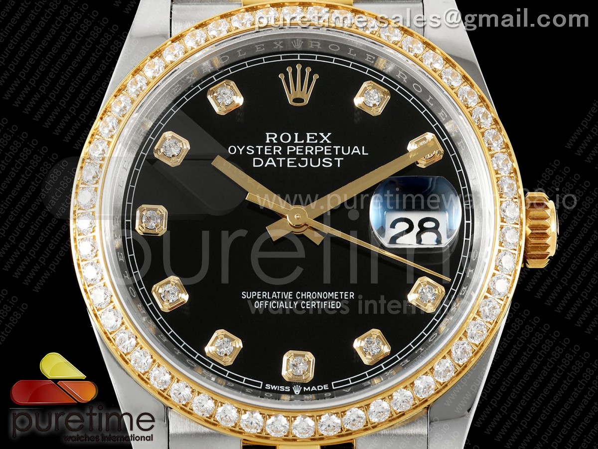 DateJust 36 126233 EWEF Black Diamonds Dial Diamonds Bezel on SS/YG Jubilee Bracelet A3235