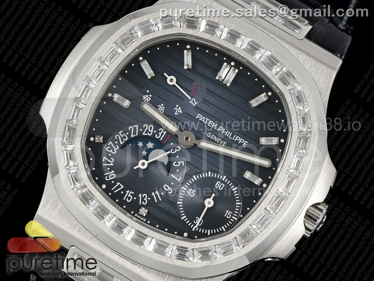 Nautilus 5712 Full Diamonds SS PPF Blue Dial on Black Leather Strap A240 V3