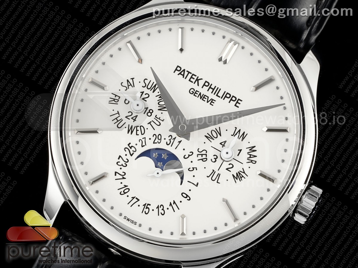 Perpetual Calendar 5140 SS 3KF White Dial on Black Leather Strap A240