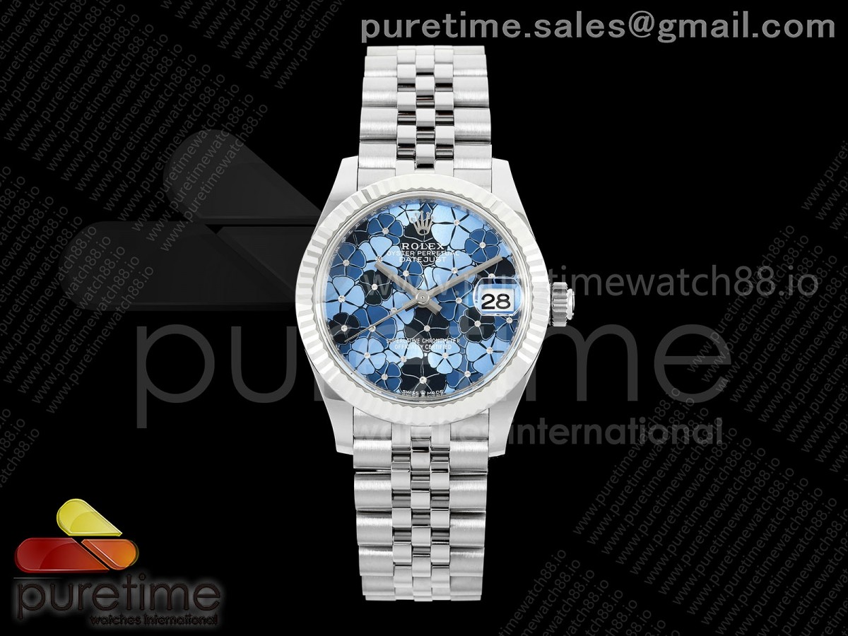 DateJust 31 Ladies Fluted Bezel SS THB Blue Flower Dial on Jubilee Bracelet A2236
