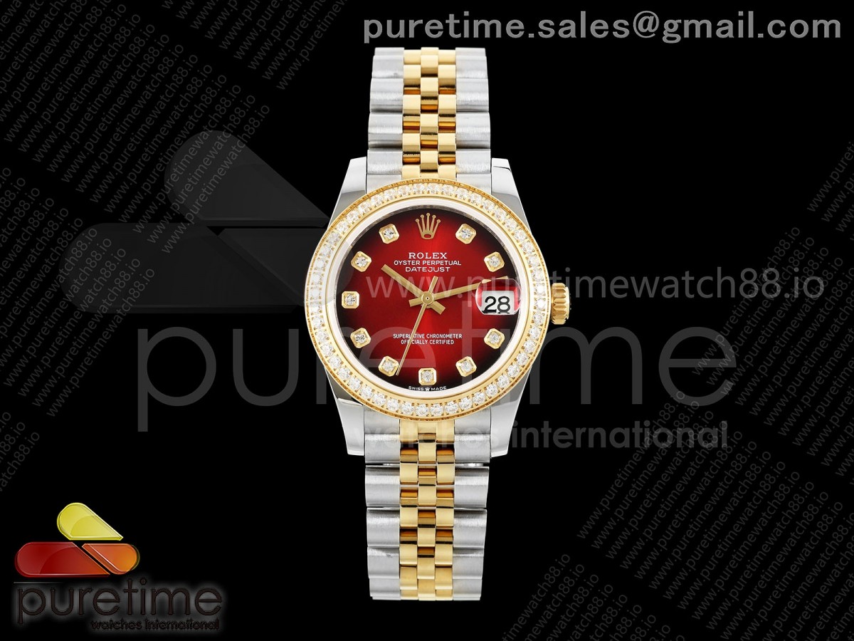 DateJust 31 SS/YG GMF Red Dial Diamonds Bezel on Jubilee Bracelet A2824