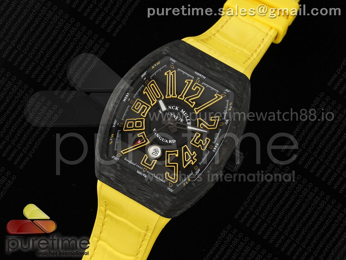 Vanguard V45 Carbon ABF Black Dial Yellow Markers on Yellow Gummy Strap A2824