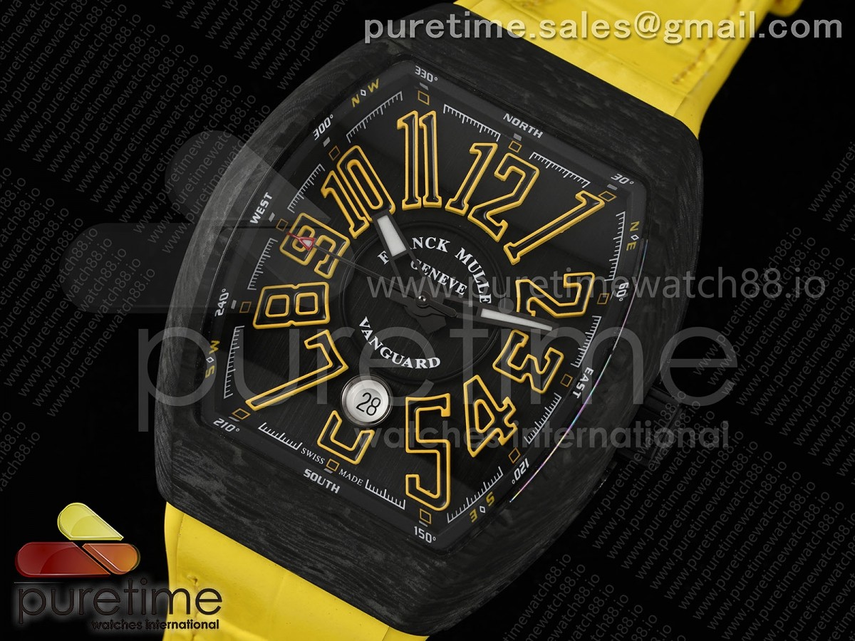 Vanguard V45 Carbon ABF Black Dial Yellow Markers on Yellow Gummy Strap A2824