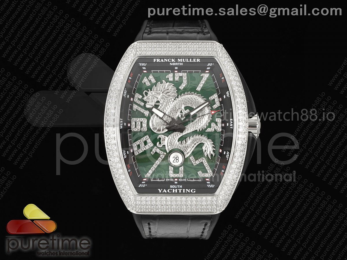 Vanguard V45 SS Full Diamonds ABF Silver Dragon Green Dial on Black Gummy Strap A2824