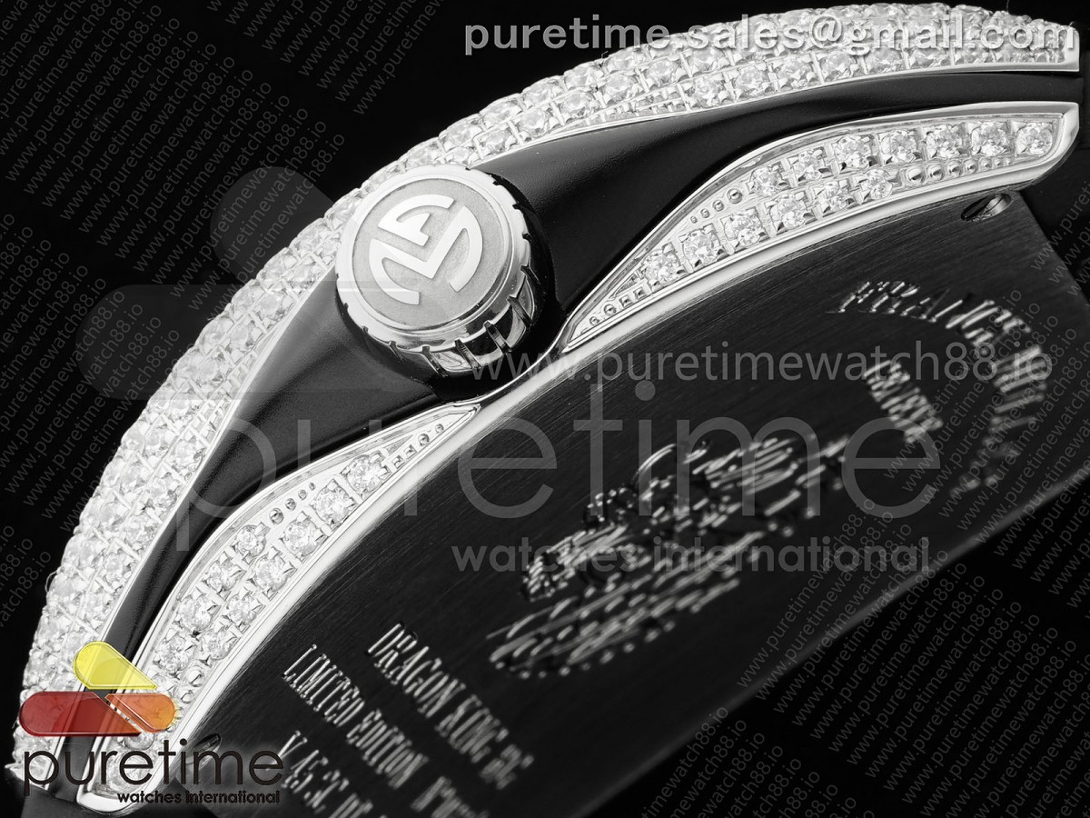 Vanguard V45 SS Full Diamonds ABF Silver Dragon Green Dial on Black Gummy Strap A2824
