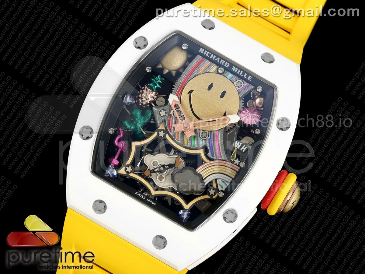 RM88 Tourbillon Smiley White Ceramic RMF on Yellow Rubber Strap