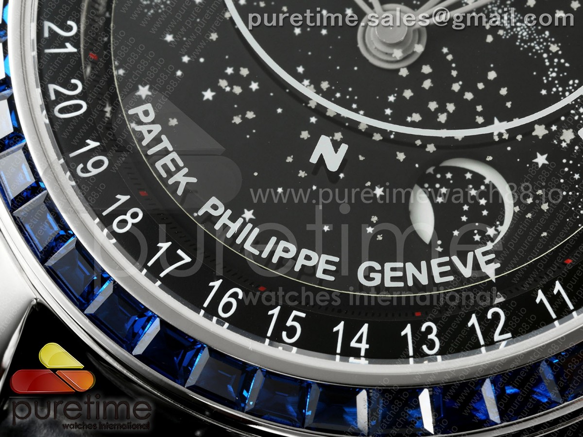 Grand Complications 6102 SS 3KF Blue Diamonds Bezel Black Dial on Black Leather Strap A240