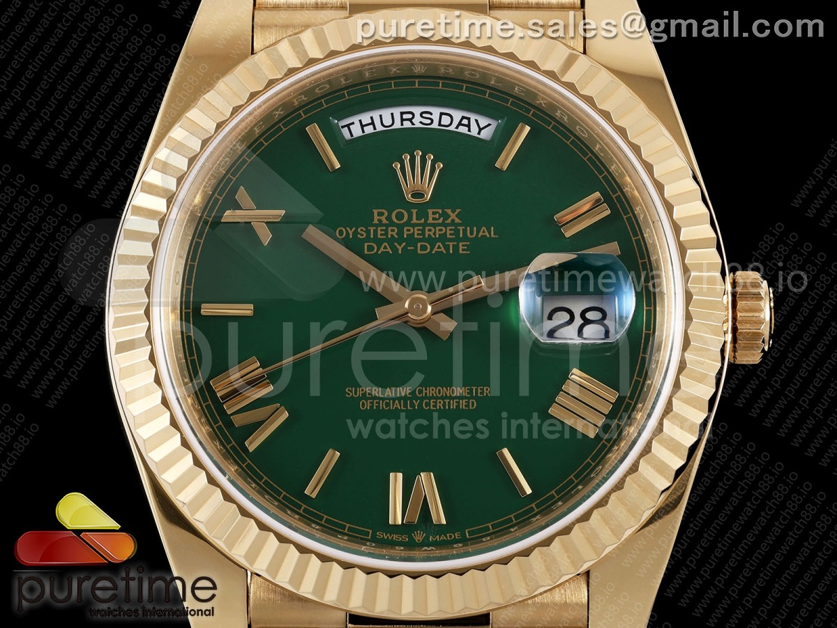 Day Date 40 YG TMF Green Roman Dial on President Bracelet VR3255