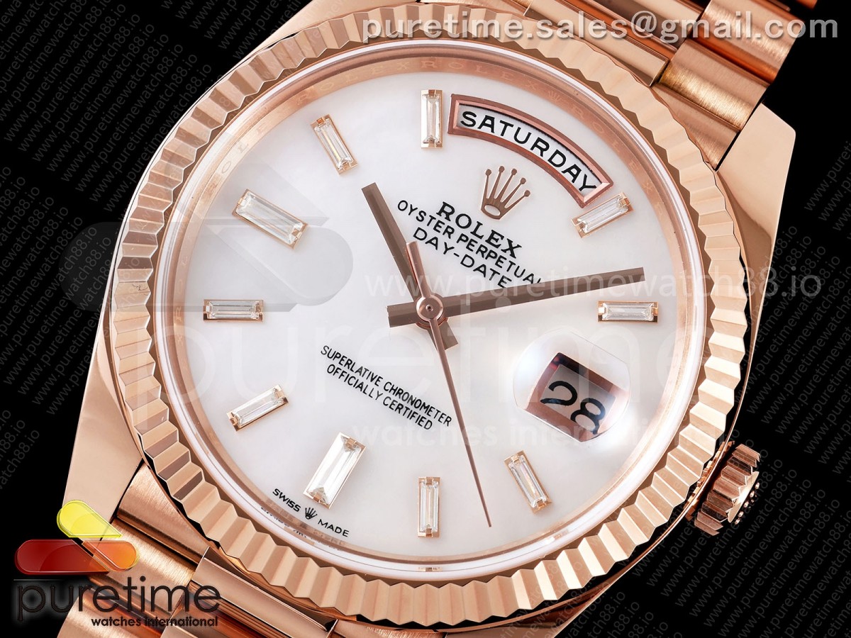 Day Date 40 RG TMF White MOP Diamonds Dial on President Bracelet VR3255