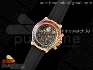 Blaken Daytona RG Rainbow Bezel GETF Cadran Skeleton Candy sur la sangle en caoutchouc noir SA4130